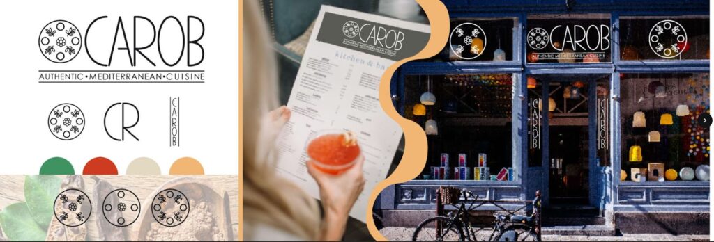Visual Identity design of Carob, a authentic mediterranean cuisine restaurant Downtown. Includes a logo set, icons, menu and exterior wall design